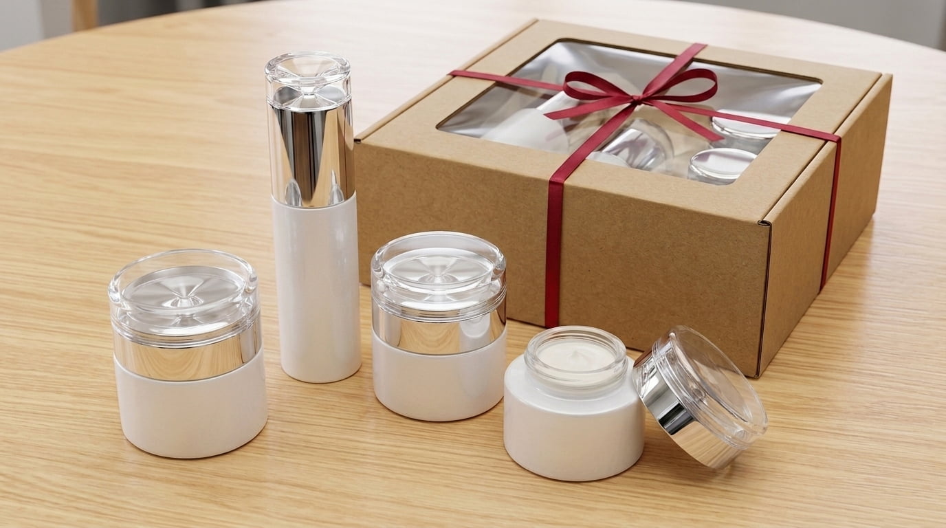 Clear PET jars and squeeze tubes for handmade creams and balms on a light worktop, with white cream, a towel and natural elements