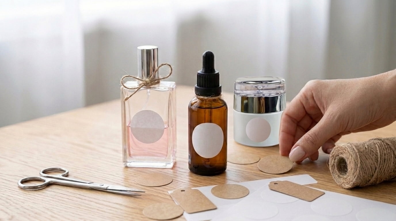 Etiquetas kraft y blancas personalizadas para etiquetar cosmética artesanal, con frascos alineados, tijera y cordón de yute sobre mesa de trabajo