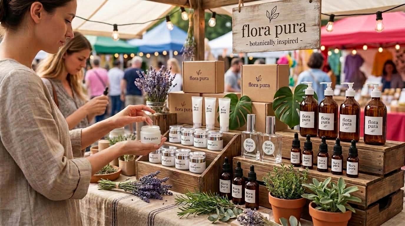 Stand de marché d'un petit producteur de cosmétiques artisanaux présentant sa gamme de flacons ambrés, pots et parfums aux étiquettes assorties, avec une cliente prenant un produit