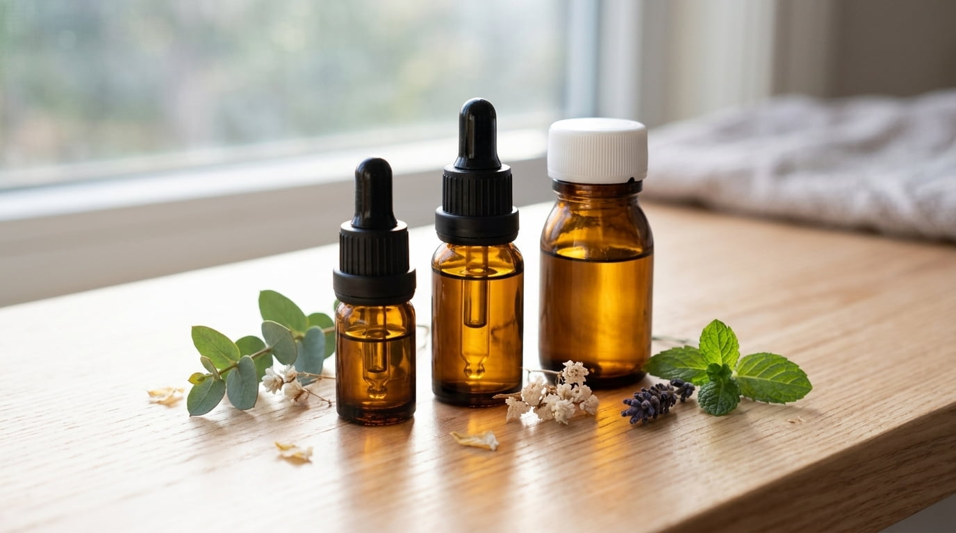 Frascos de vidro âmbar com conta-gotas para óleos e séruns de cosmética artesanal, com folhas verdes e flores secas sobre madeira clara
