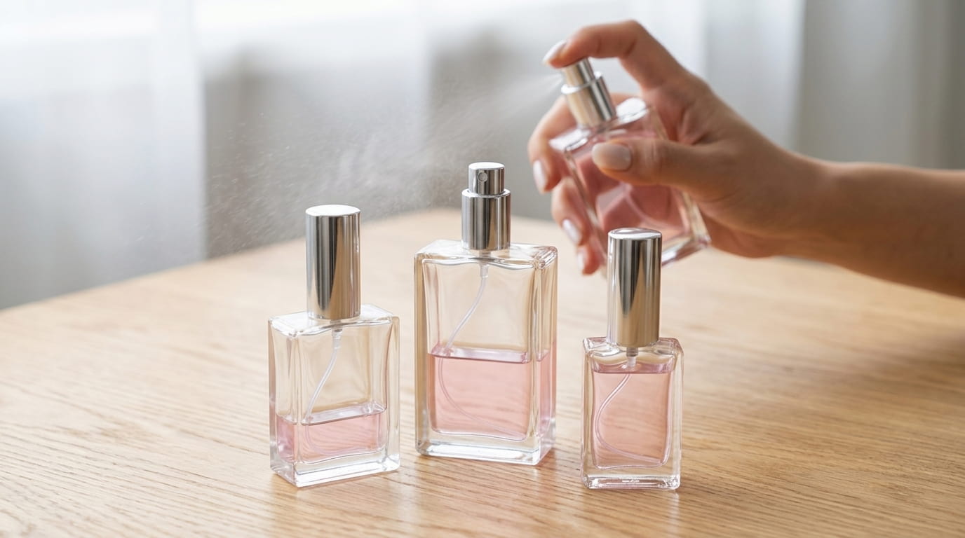 Frascos de vidro para perfumes artesanais de várias capacidades e frascos de amostra, sobre tecido em tons neutros com flores secas