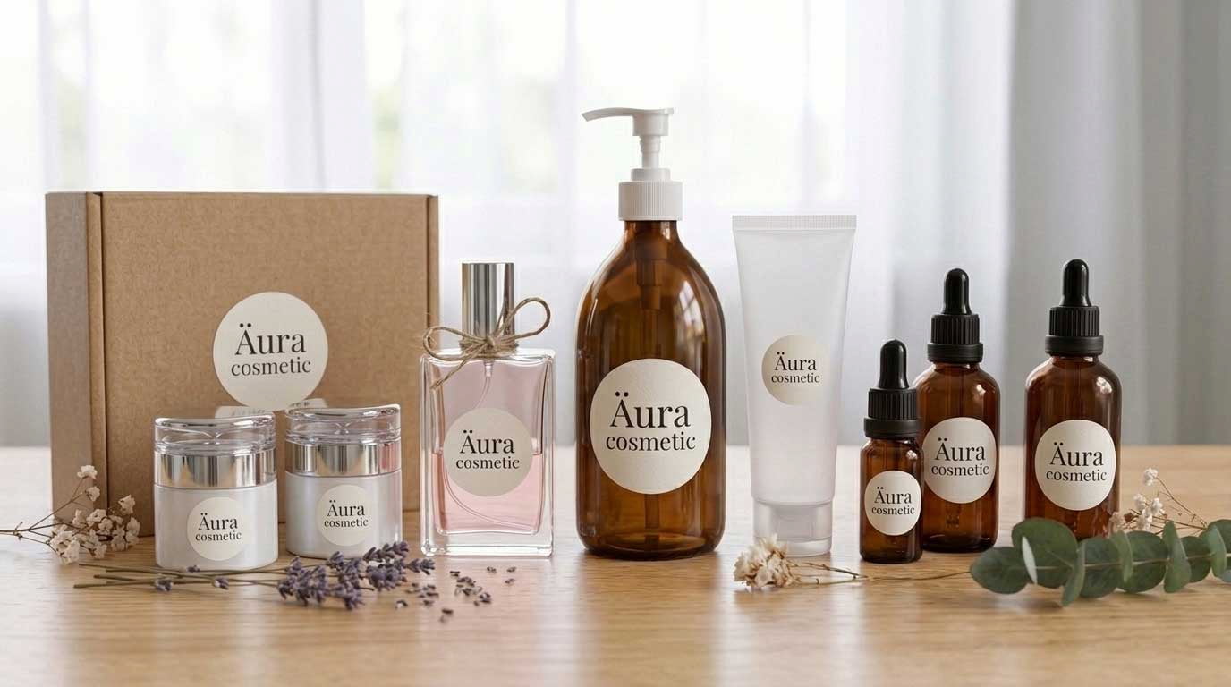 Linha coerente de cosmética artesanal com frascos, boiões e rótulos a condizer, transmitindo uma identidade visual consistente sobre bancada clara