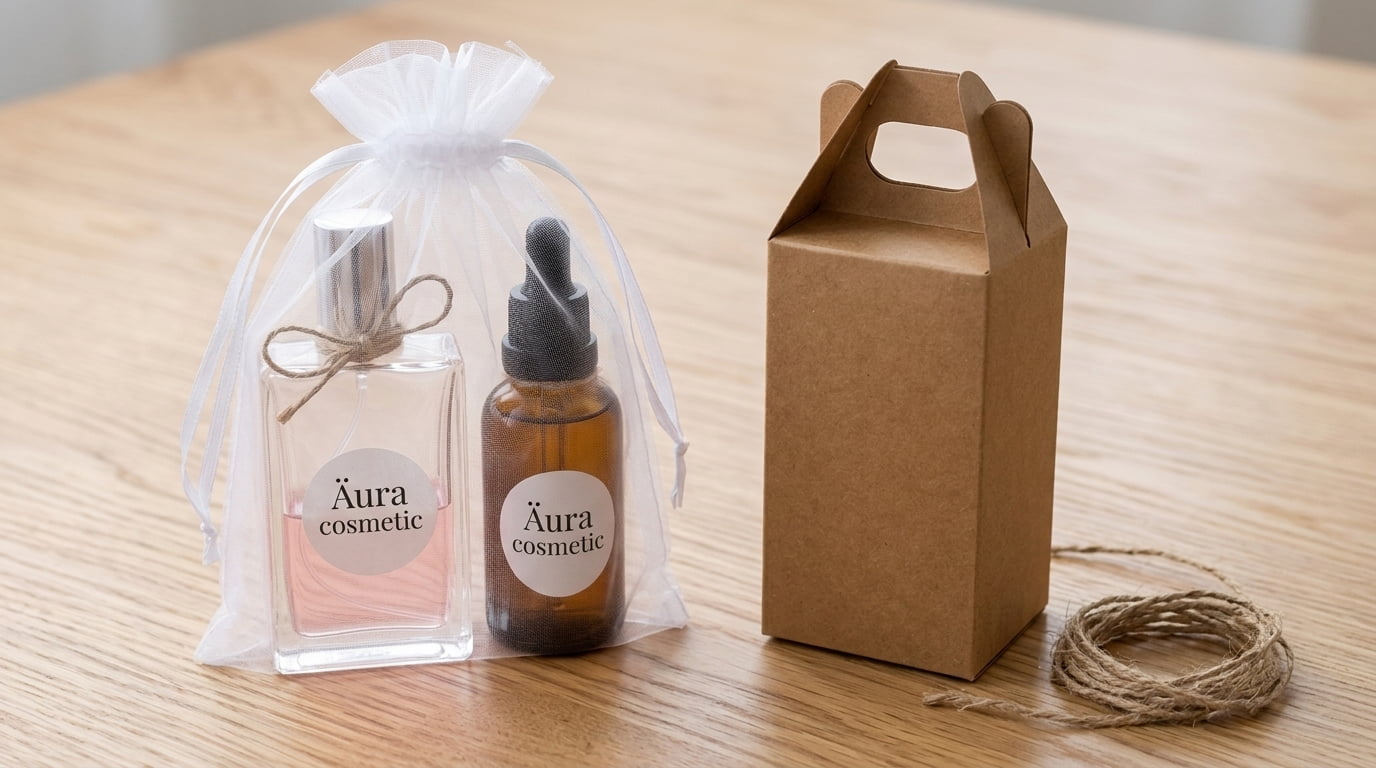Kit presente para cosmética artesanal com caixa cestinha, saco de organza, papel de seda, perfume e óleo essencial sobre madeira clara