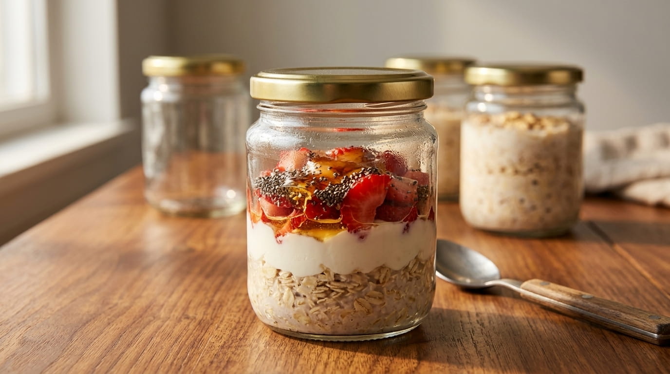 Overnight oats de fresa en un frasco de vidrio Yogur 250 ml