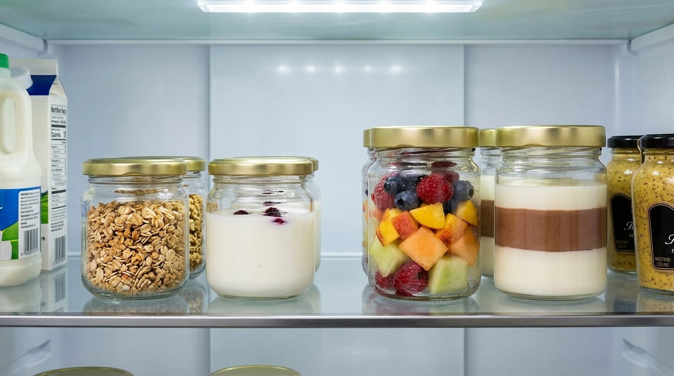 Frigorifero organizzato con barattoli di vetro con frutta, granola e dessert per il meal prep estivo