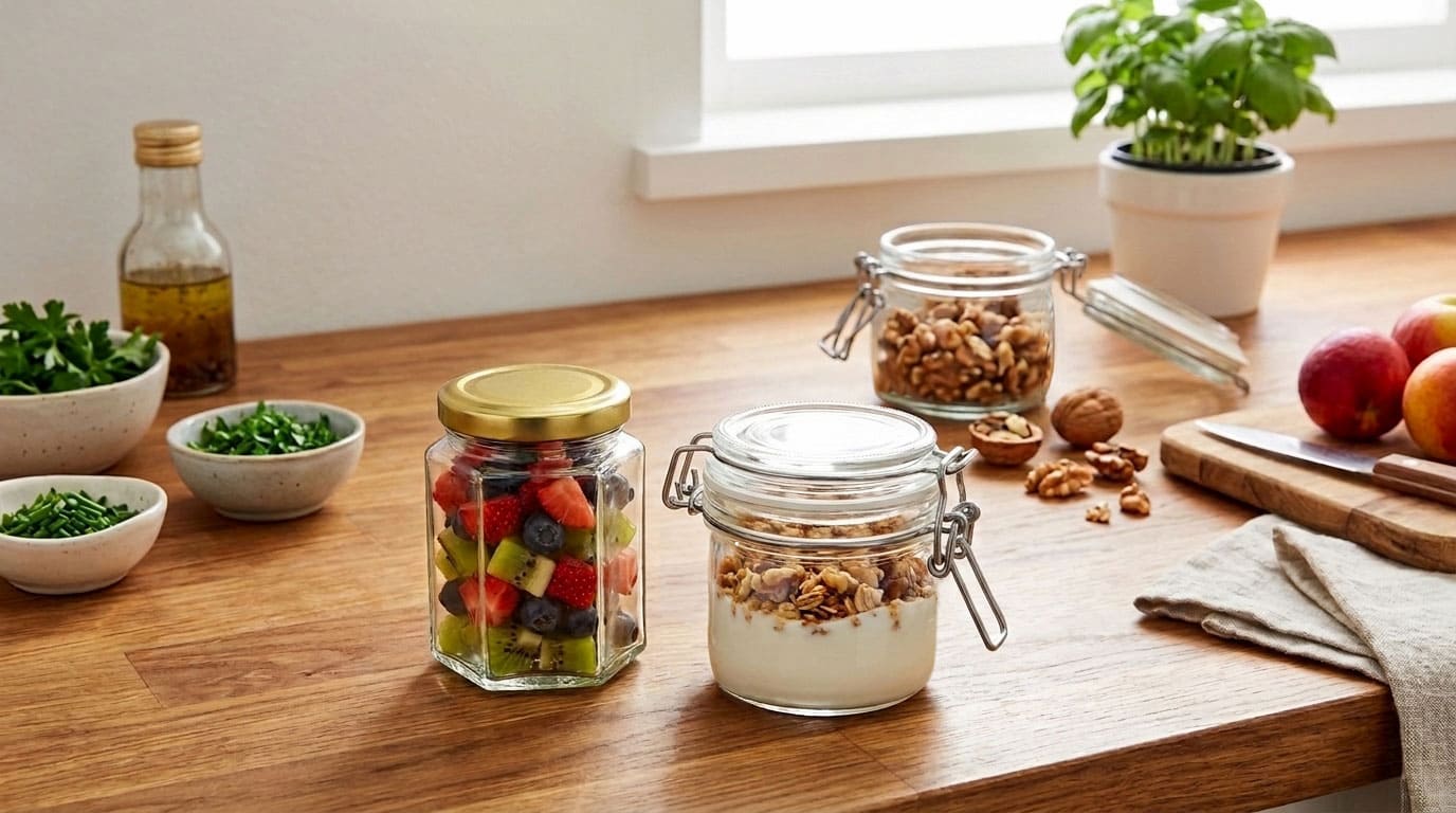 Piano di cucina con barattoli di vetro organizzati per le ricette estive