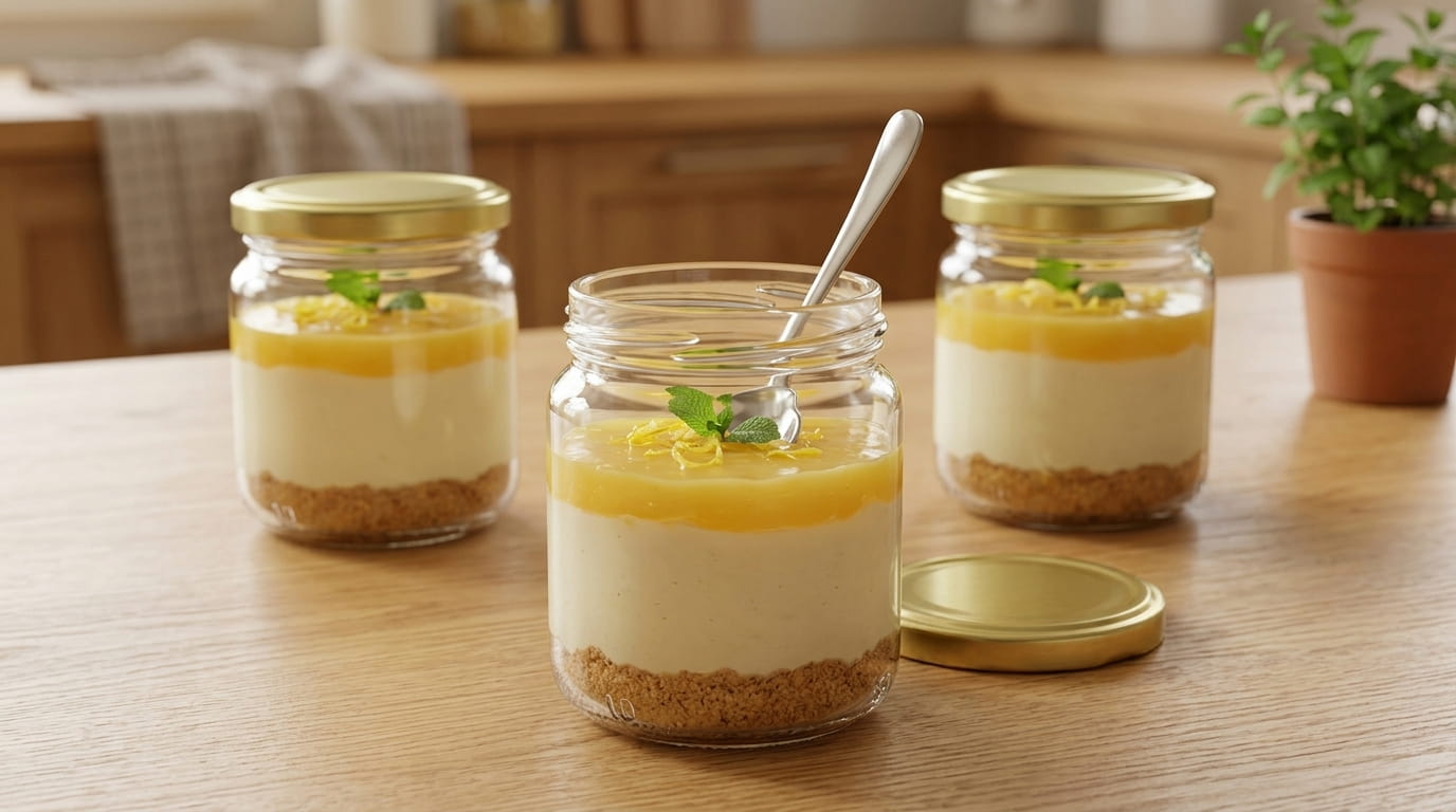 Cheesecake de limão num frasco de vidro Pixel 212 ml com tampa dourada