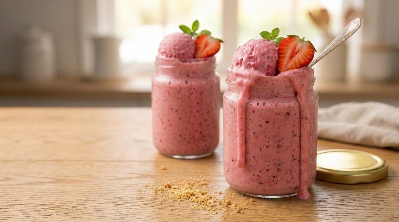 Gelado de morango caseiro num frasco de vidro Redondo 250 ml com tampa dourada