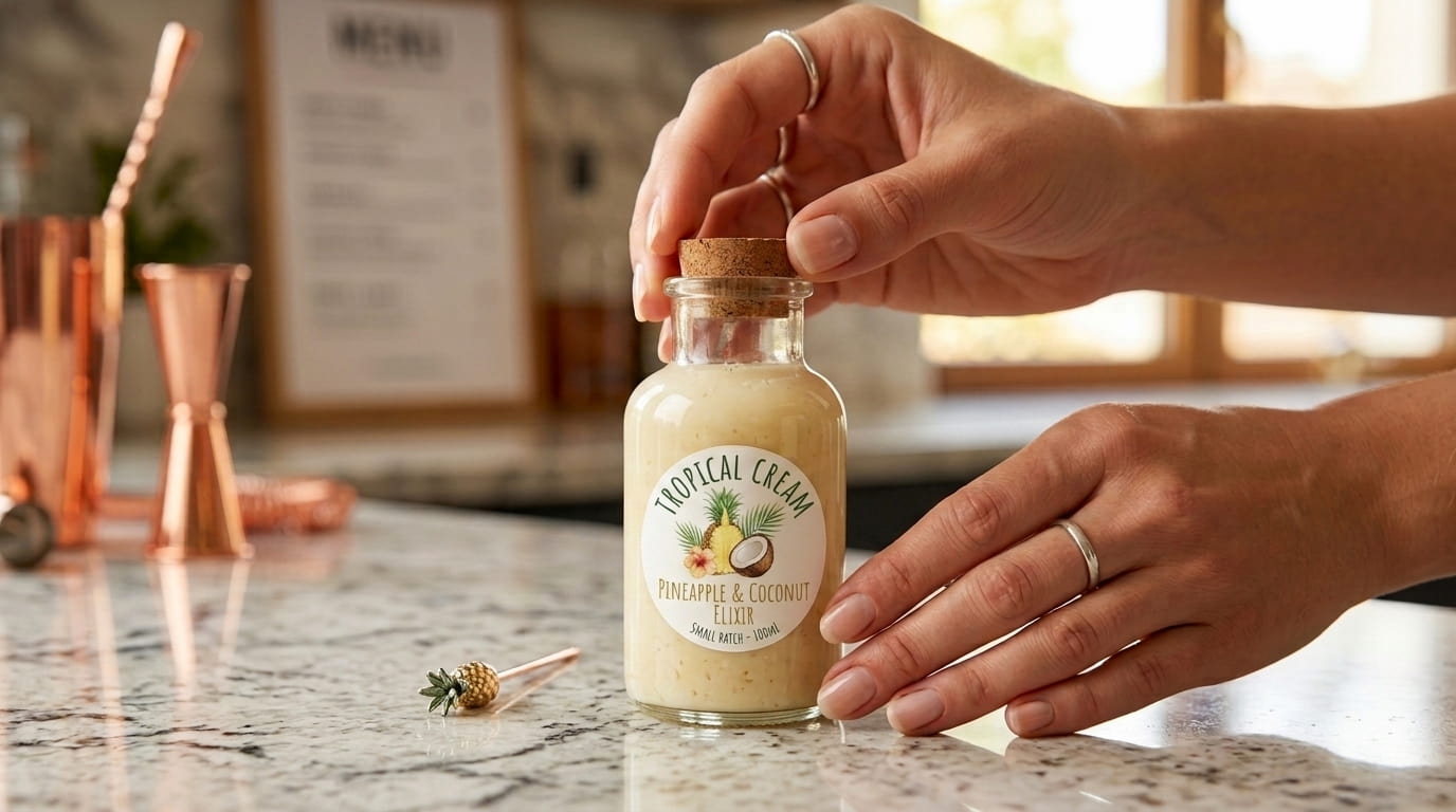 Piña colada sem álcool numa garrafa de vidro Valhalla 250 ml com rolha de cortiça