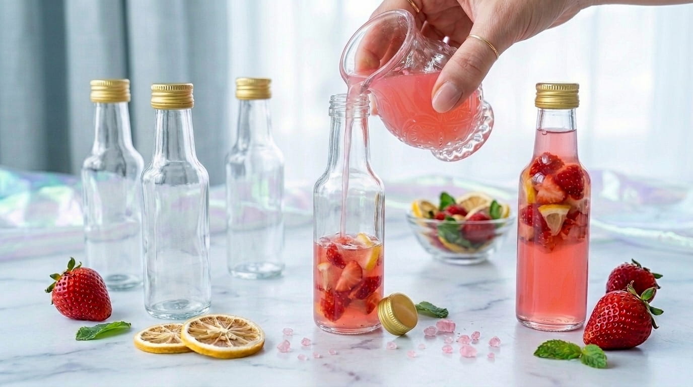 Limonada rosa com morango em garrafas de vidro Nefertiti 150 ml