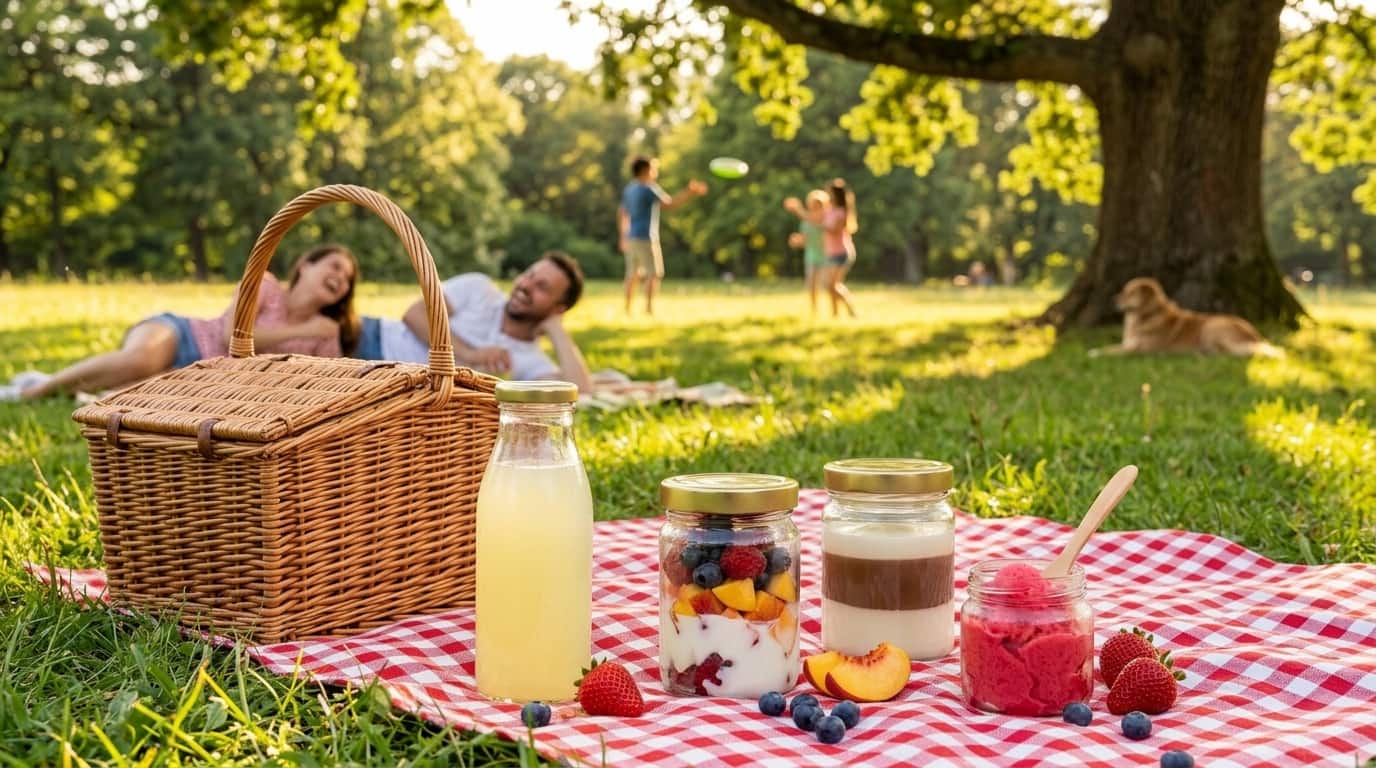Mesa de piquenique ao pôr do sol com frascos e garrafas de vidro Espírito Rebelde