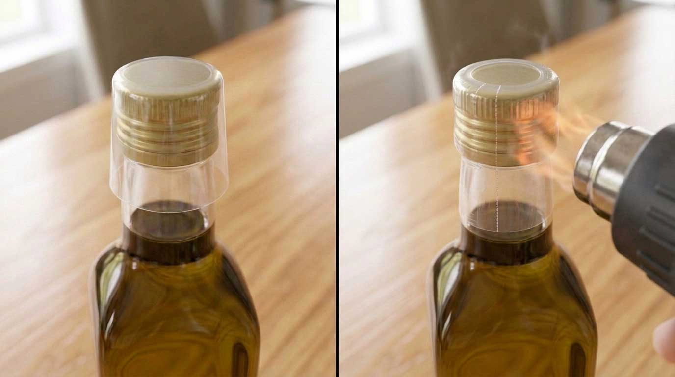 Anbringen einer Schrumpfkapsel an einer Olivenölflasche: zuerst das lose Siegel, danach das Schrumpfen mit der Hitze einer Heißluftpistole