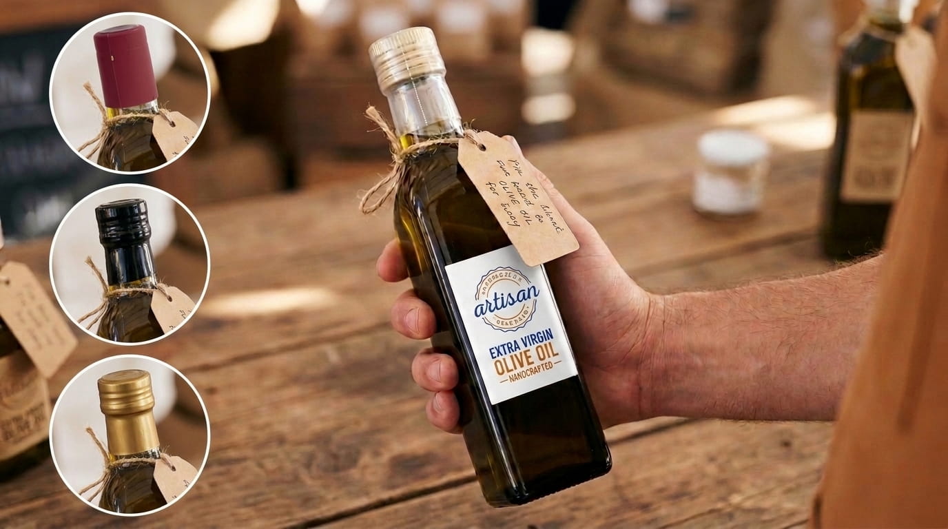 Producteur artisanal tenant une bouteille d'huile d'olive prête à la vente, avec son étiquette, une étiquette pendante et une capsule de sécurité posée sur le goulot