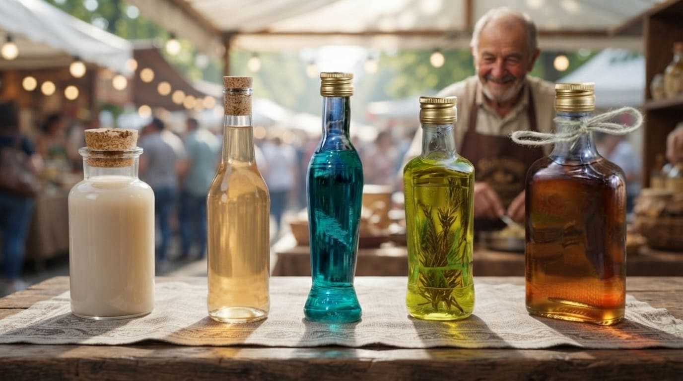 Handwerksmarktstand mit in Holzkisten angeordneten Likörflaschen — Quimera 200 ml, Quimera 250 ml, Harpia 200 ml, Lira 200 ml, Persephone 250 ml und Valhalla 250 ml — mit eleganten Etiketten und rustikaler Dekoration