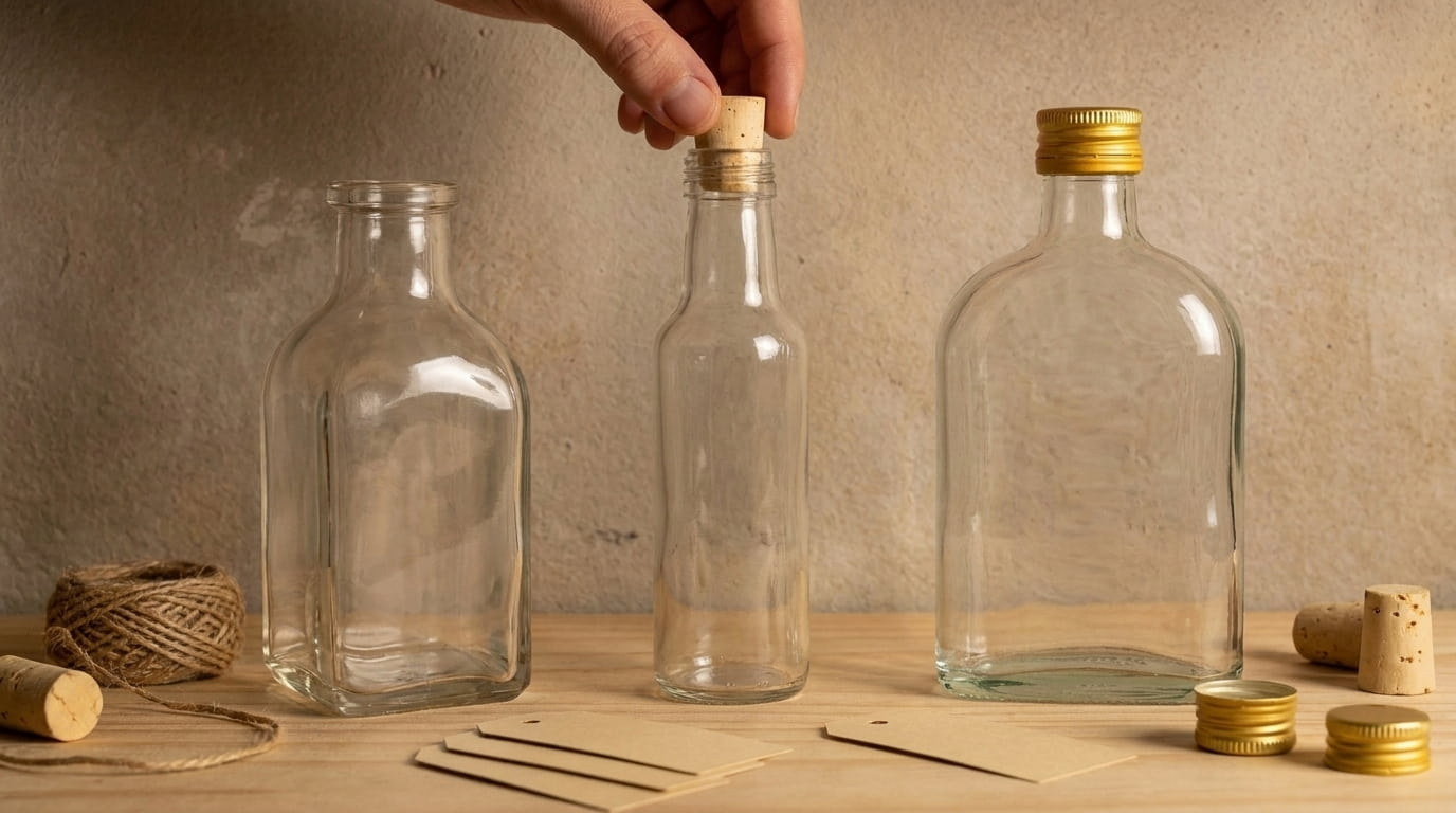 Wooden worktop with several empty glass bottles in different capacities, next to stoppers, caps, kraft paper labels and a stainless steel funnel