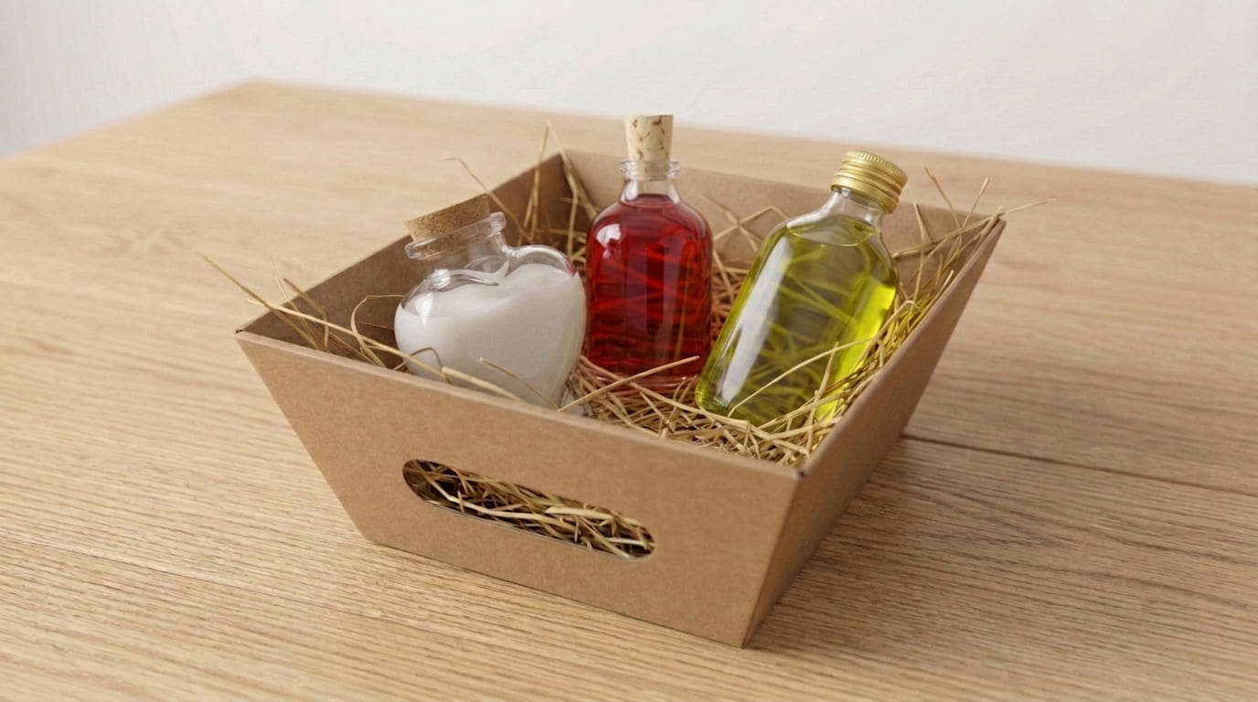 Wooden basket with Endil 50 ml and Nefertiti 70 ml cork-stopper bottles and a Quimera 100 ml, decorated with handmade labels, jute string and sprigs of rosemary, in an elegant gift presentation