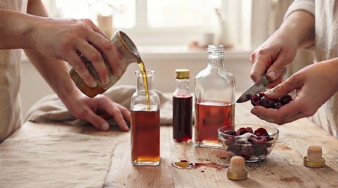 Hands preparing fresh fruit and pouring aguardente into a glass jar on a wooden board, in a kitchen with warm natural light — the artisanal gesture of making liqueur