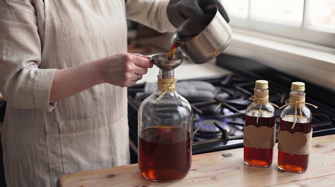 Hands filling a glass bottle with a stainless steel funnel; alongside, clean bottles, a 1750 ml demijohn with resting liqueur and tidy utensils on a wooden worktop
