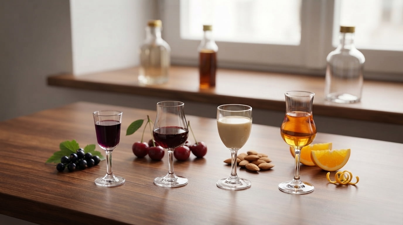 Wooden table with small glasses of liqueur in different colours — lemon, orange, cherry, strawberry, coffee, chocolate, peach and herbs — each one behind its corresponding ingredient