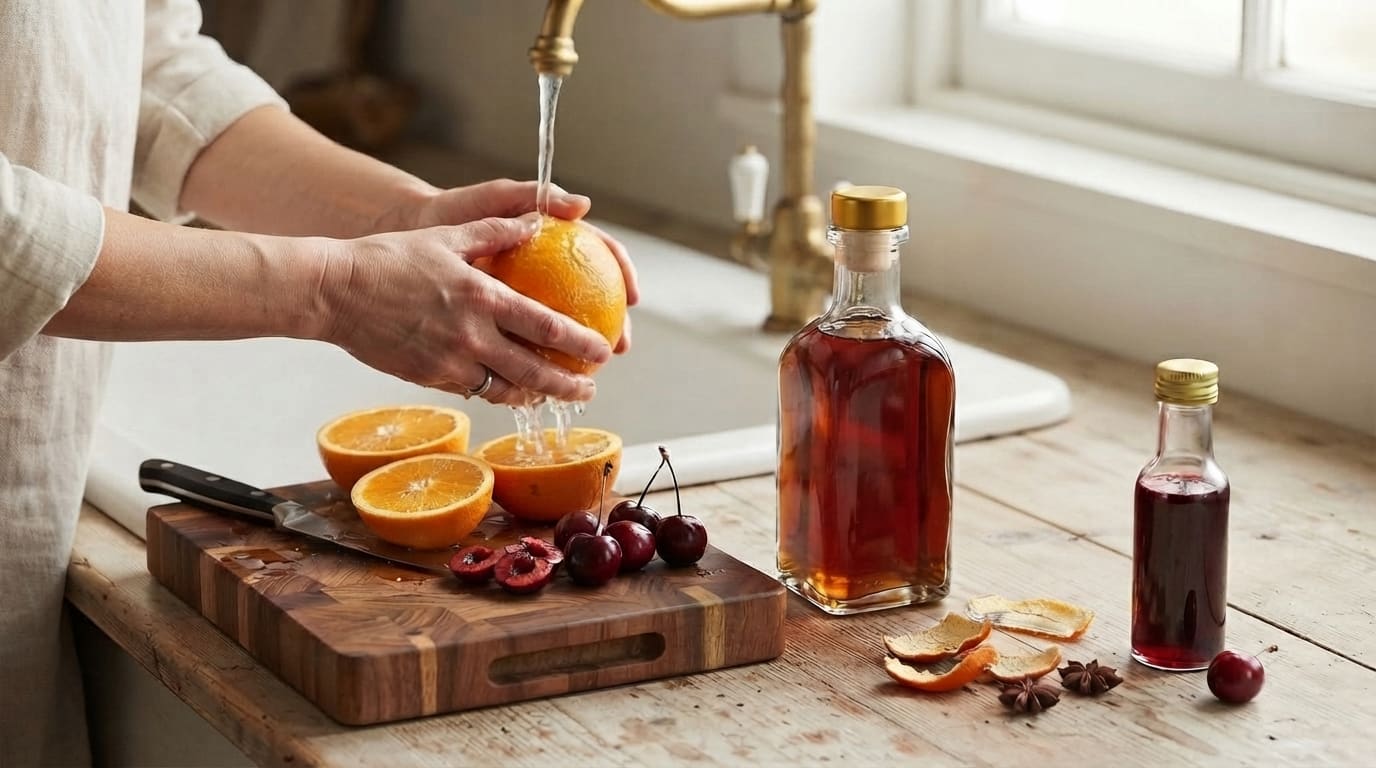 Paso 1: manos lavando y cortando fruta madura sobre una tabla de madera