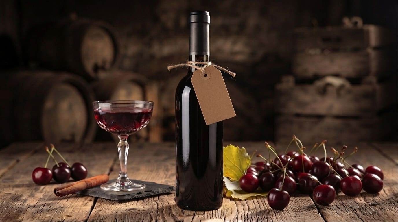 Petit verre de liqueur de griotte de couleur rubis sur une table en bois, à côté de griottes fraîches, d'un bâton de cannelle et d'une bouteille en verre foncé avec la liqueur, dans une ambiance traditionnelle portugaise