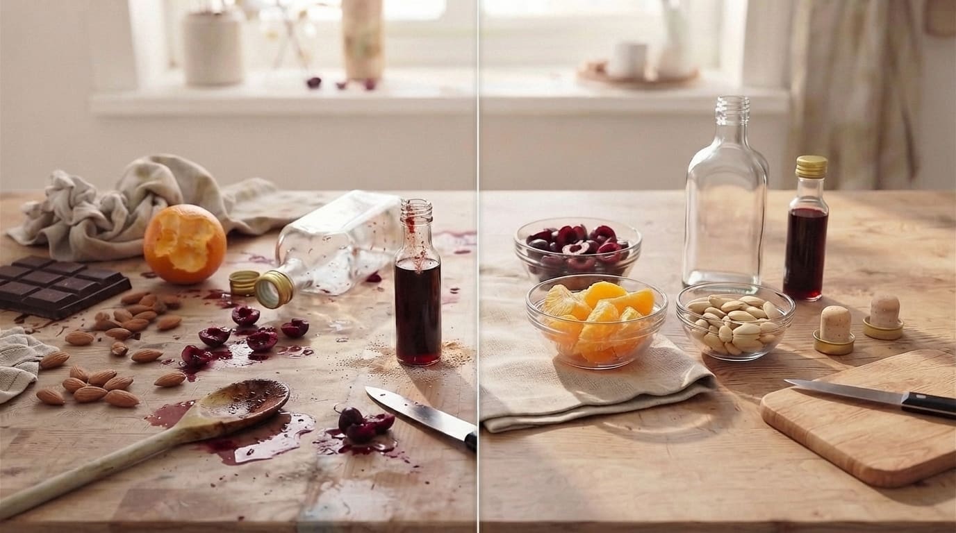 Plan de travail divisé en deux moitiés : à gauche des ustensiles en désordre et une bouteille mal nettoyée, à droite des bouteilles propres, des fruits frais et un entonnoir en inox bien rangés