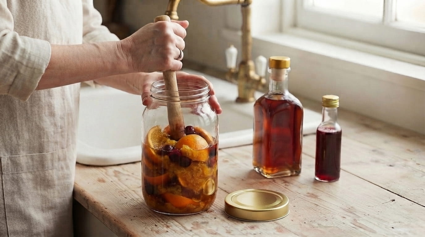 Étape 2 : des fruits et de l'alcool dans un grand bocal en verre, en train de fermer le couvercle pour macérer