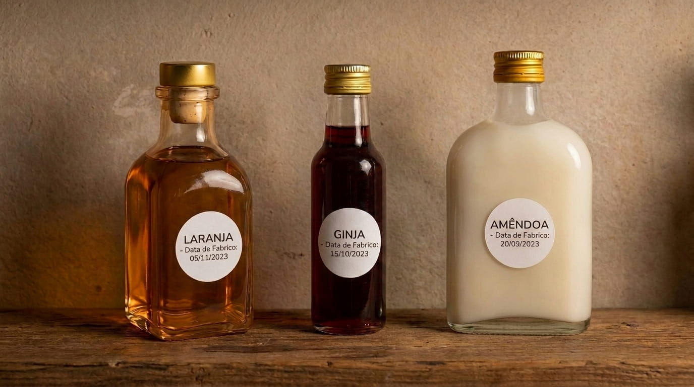 Scaffale di legno con diverse bottiglie di liquore artigianale organizzate per sapore, ciascuna con un'etichetta che indica il nome della ricetta e la data di produzione