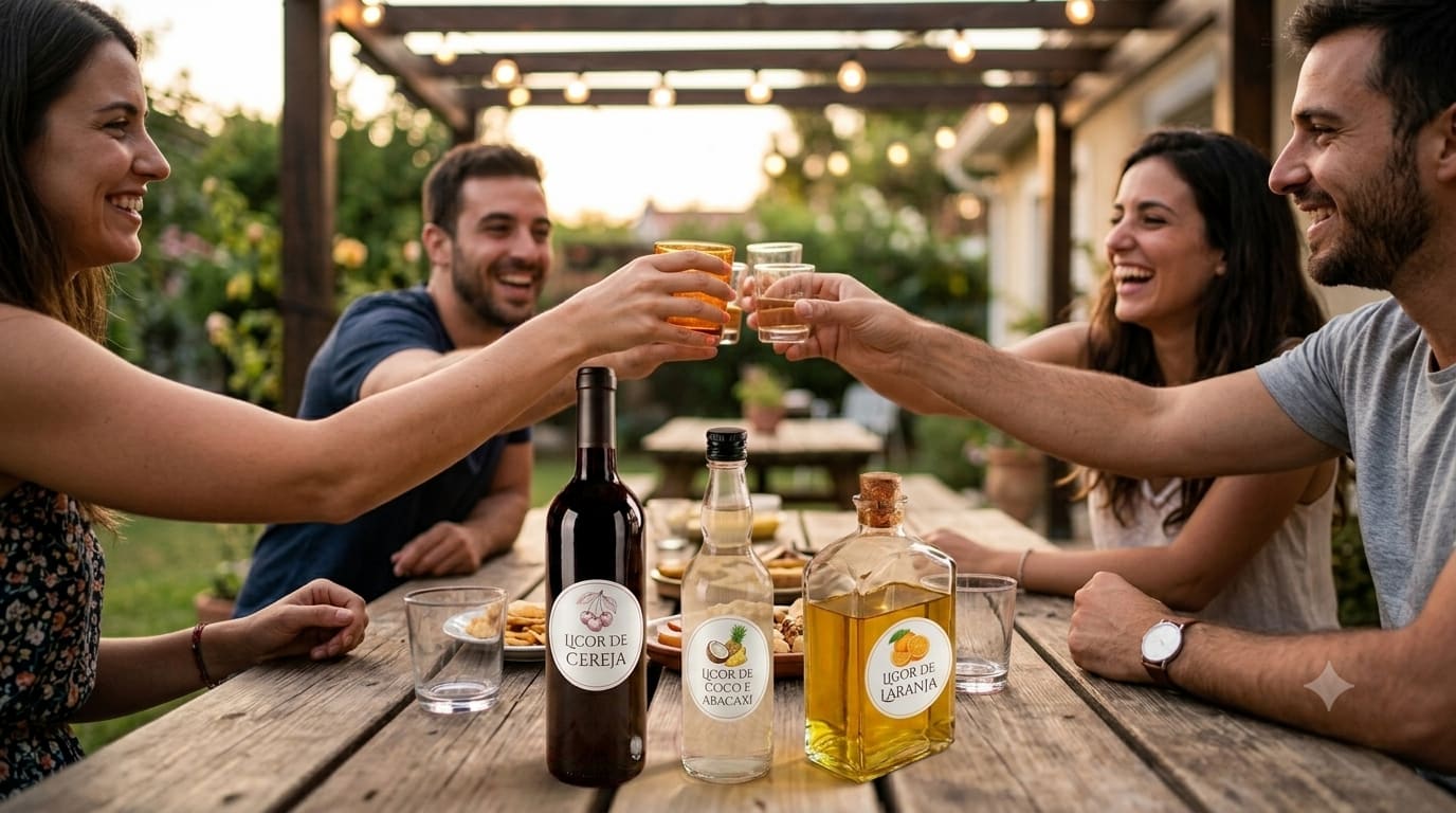 Tavolo di legno apparecchiato per un pranzo in famiglia, con una Lavanda 500 ml al centro, una Plutão 500 ml e una Classic Scura 750 ml con tappo di sughero, bicchieri da degustazione, frutta fresca e dolci fatti in casa