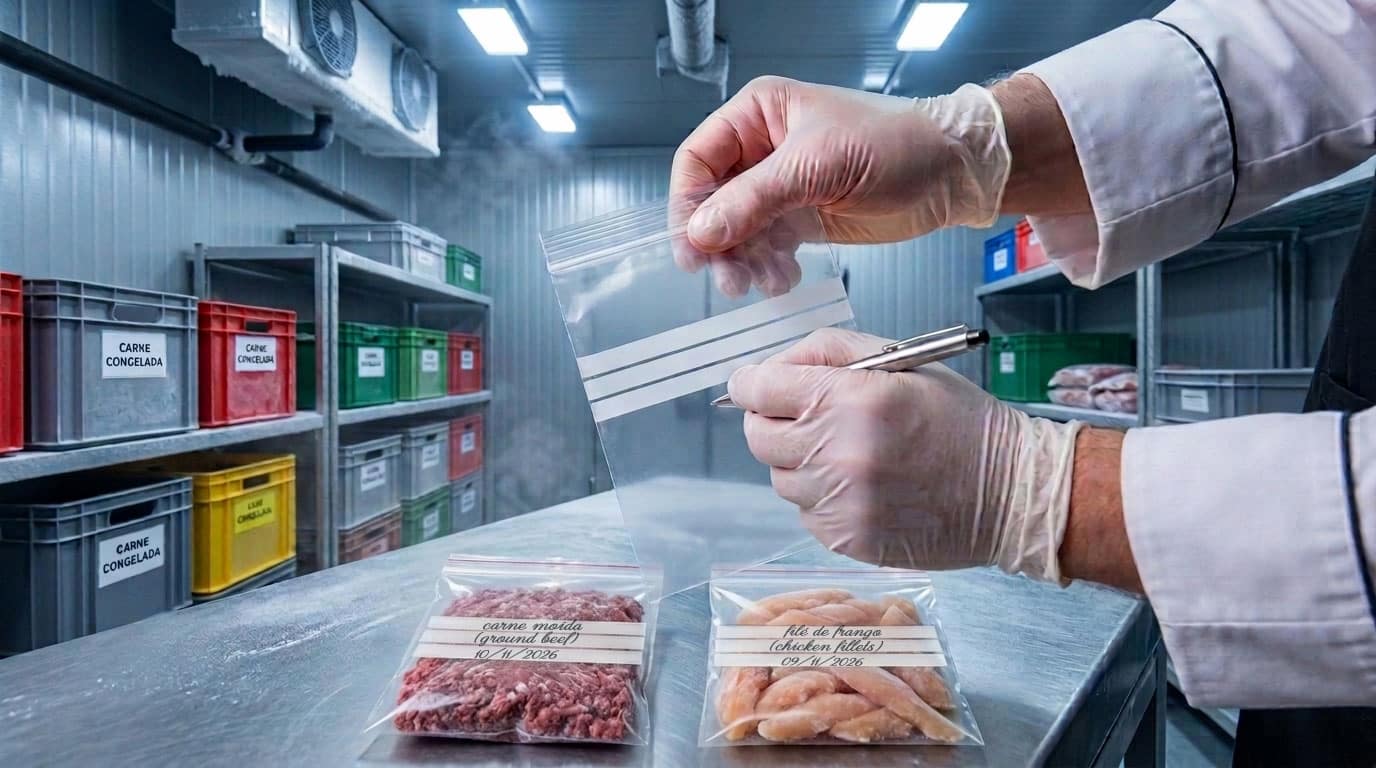 Buste Minigrip con area di scrittura etichettate con nome e data in una cella frigorifera