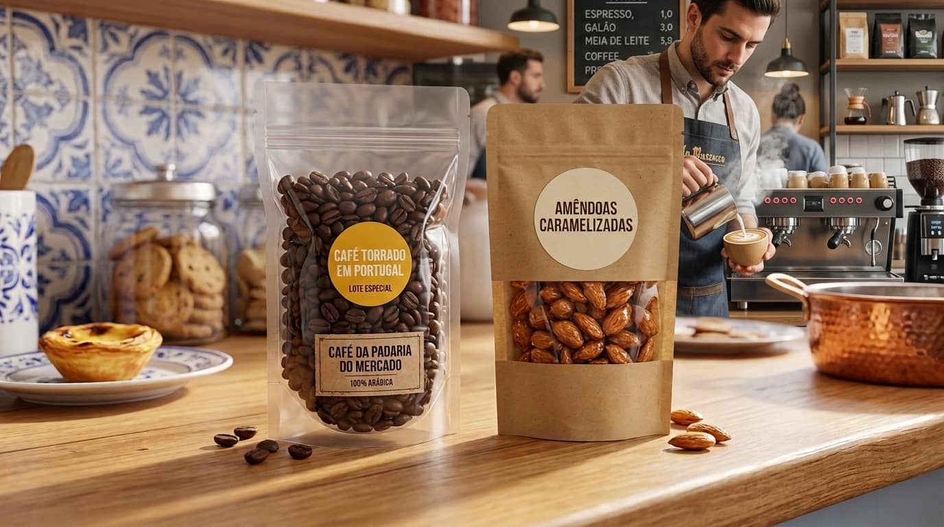 Sacos Stand Up transparentes e de papel com janela numa cafetaria com café e amêndoas